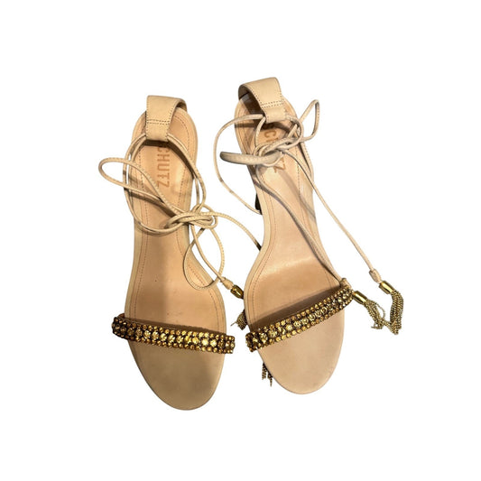 Schutz Bellin Sandals Women 10 Eggshell White Good Crystal Lace Up Flare Heel