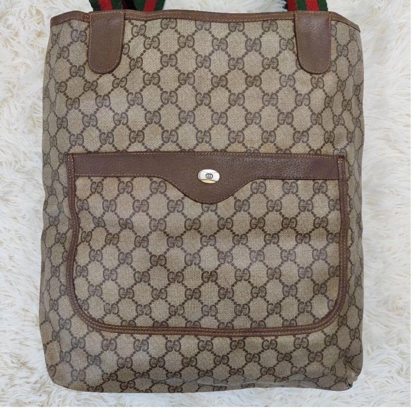 Authentic Vintage Gucci Monogram Canvas Tote Bag Red Green Stripe