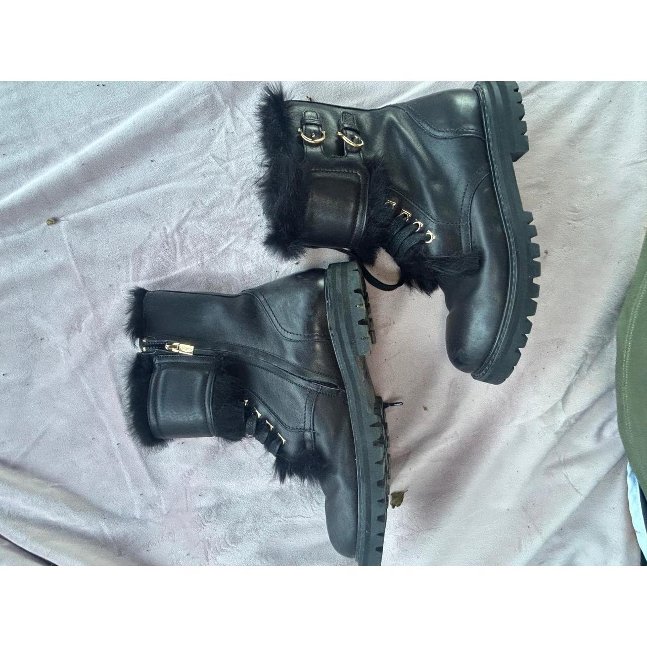 Salvatore Ferragamo Black Leather Fur Trim Gancini Combat Boots Lug Sole Italy