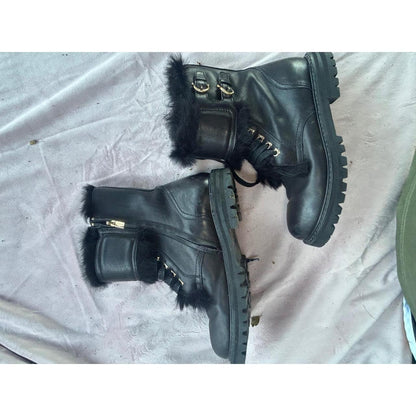 Salvatore Ferragamo Black Leather Fur Trim Gancini Combat Boots Lug Sole Italy