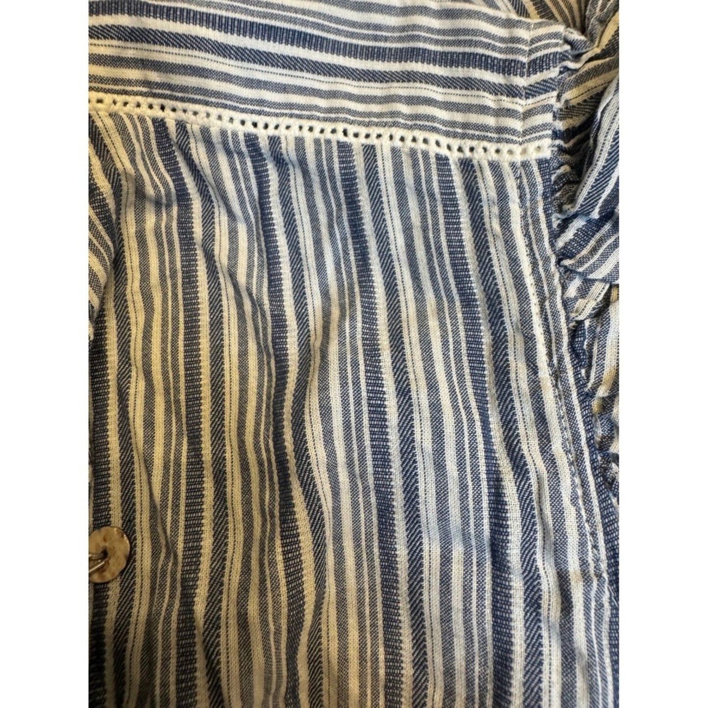Striped Ruffle Mini Dress Blue White Button Front Short Sleeve Tie Waist L