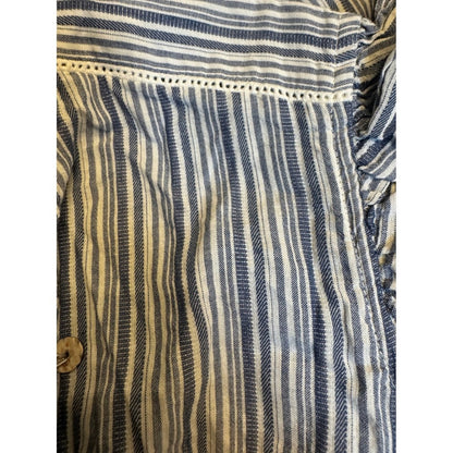 Striped Ruffle Mini Dress Blue White Button Front Short Sleeve Tie Waist L