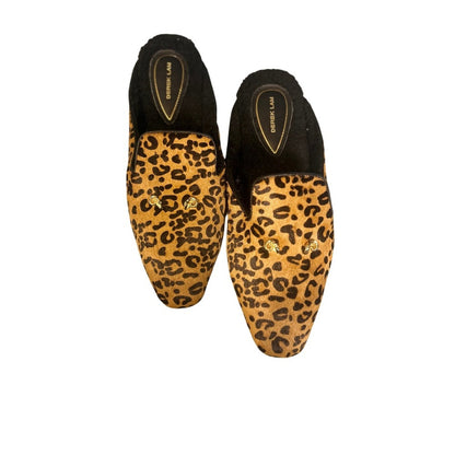 Derek Lam Leopard Calf Hair Shearling Lined Mules Gold Ram Head Loafers