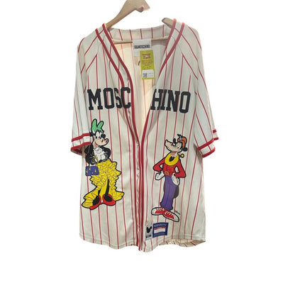 MOSCHINO H&M Disney Goofy Mickey Mouse Baseball Jersey Shirt Red White Striped