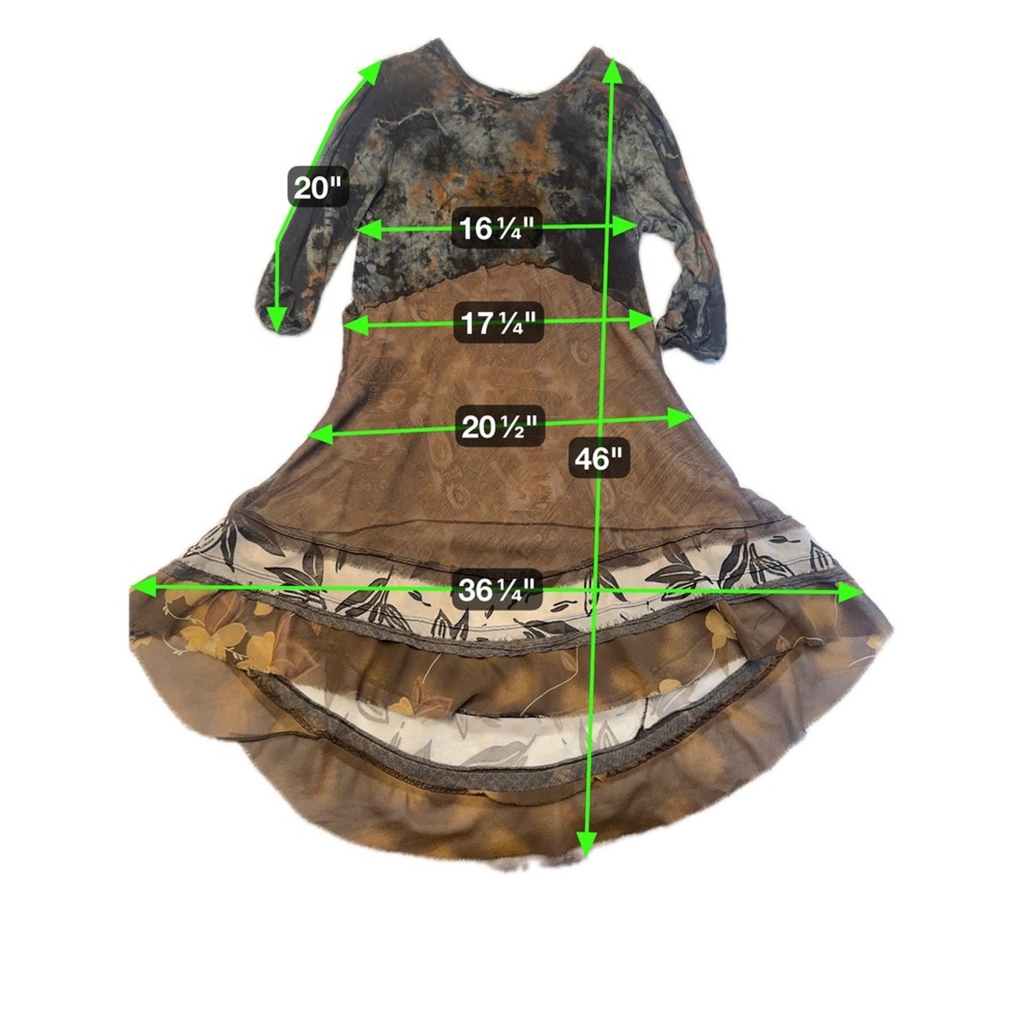 Mezon Boho Layered Dress M Brown Patchwork Sheer Hem Art to Wear Festival