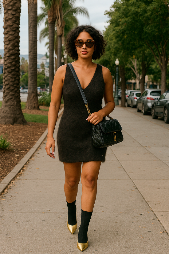 Savage Fenty Fuzzy Tank Dress Sleeveless Black V Neck Mini Dress size L