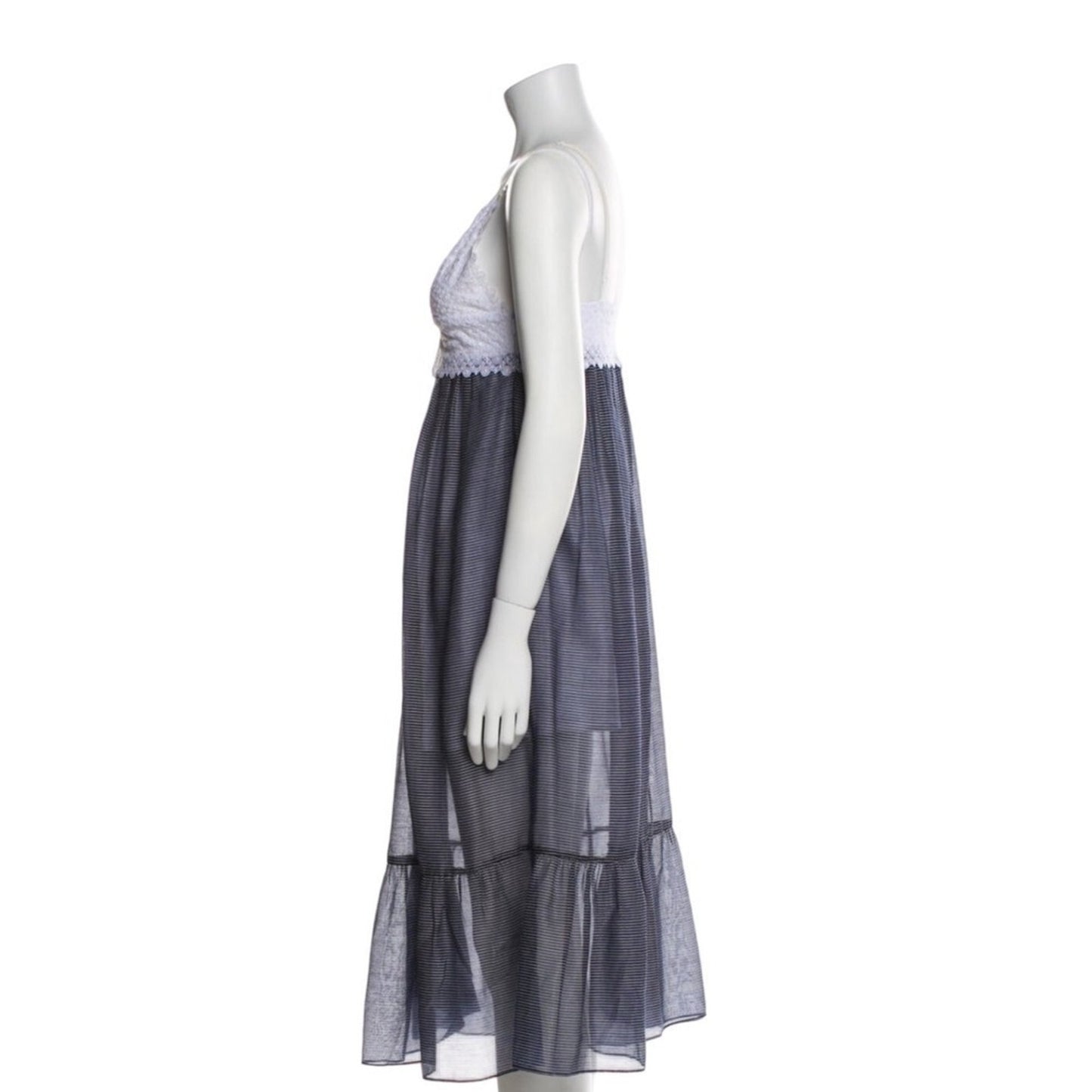 Sandro Sheer Stripe Lace Trim Maxi Dress Spaghetti Strap V Neck
