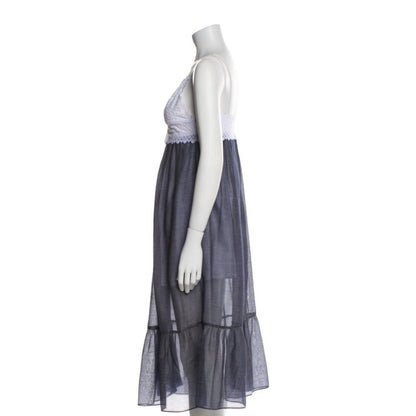 Sandro Sheer Stripe Lace Trim Maxi Dress Spaghetti Strap V Neck