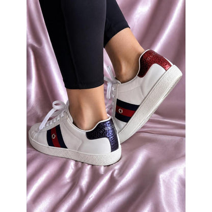 Gucci Ace White Leather Web Stripe Sneakers Mismatched Snakeskin Heel Tabs