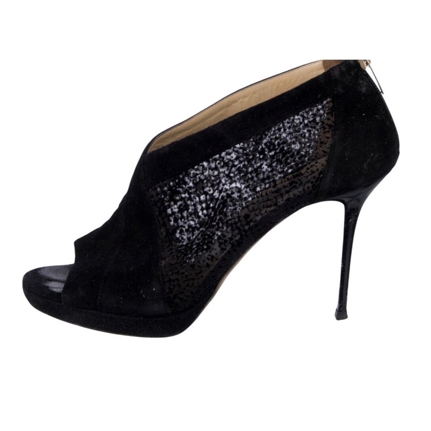 Jimmy Choo Suede Mesh Accents Peep Toe Stiletto Heel Pumps Women Size 9.5 Black