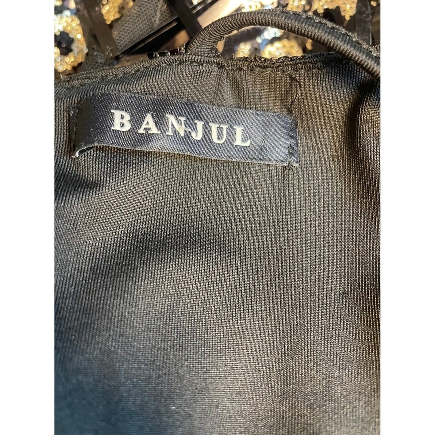 Banjul Black Gold Sequin Fringe V Neck Spaghetti Strap Mini Dress L Grande