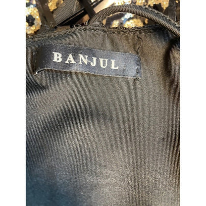 Banjul Black Gold Sequin Fringe V Neck Spaghetti Strap Mini Dress L Grande