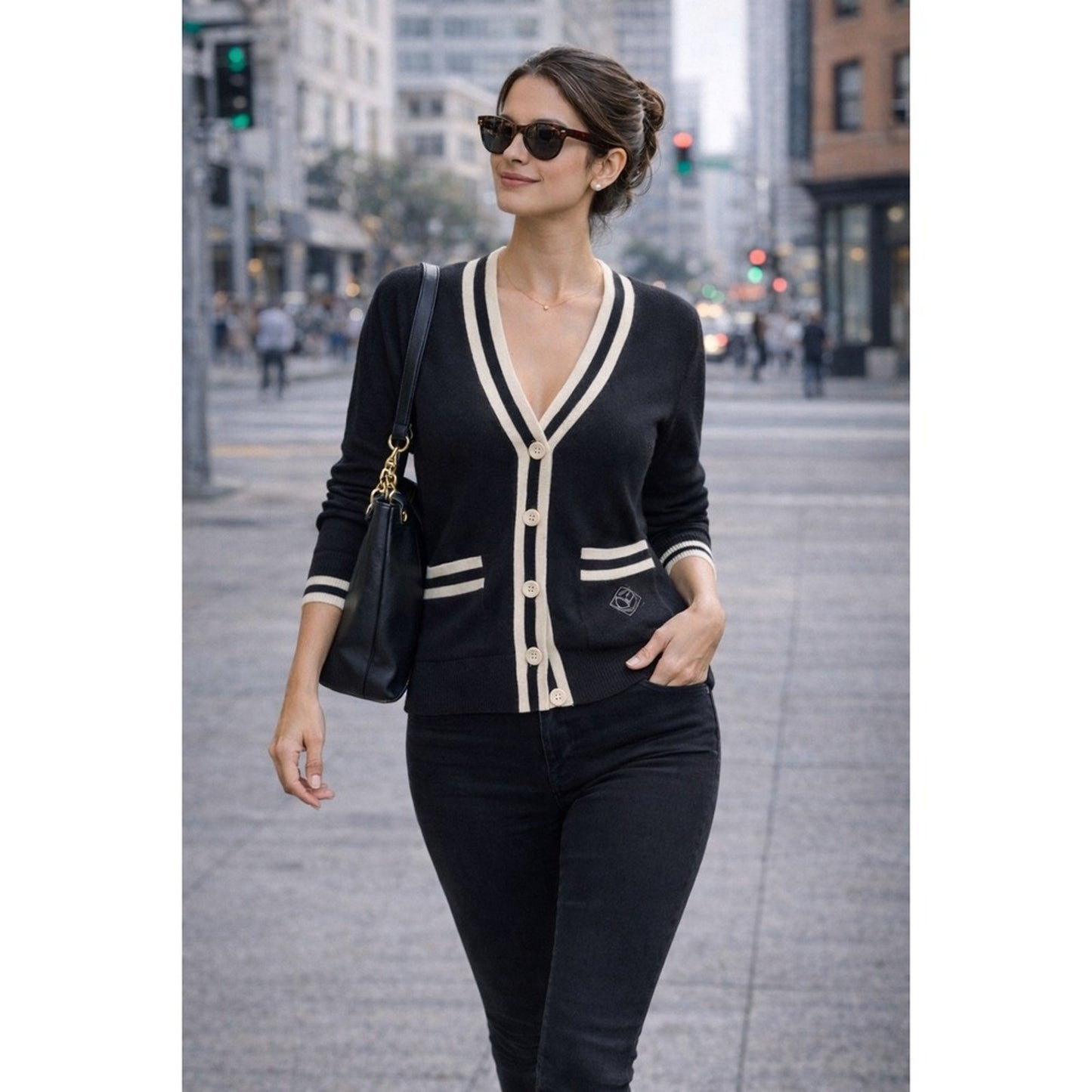 Sandro Paris Cardigan Black Cream V Neck Button Front Long Sleeve size M