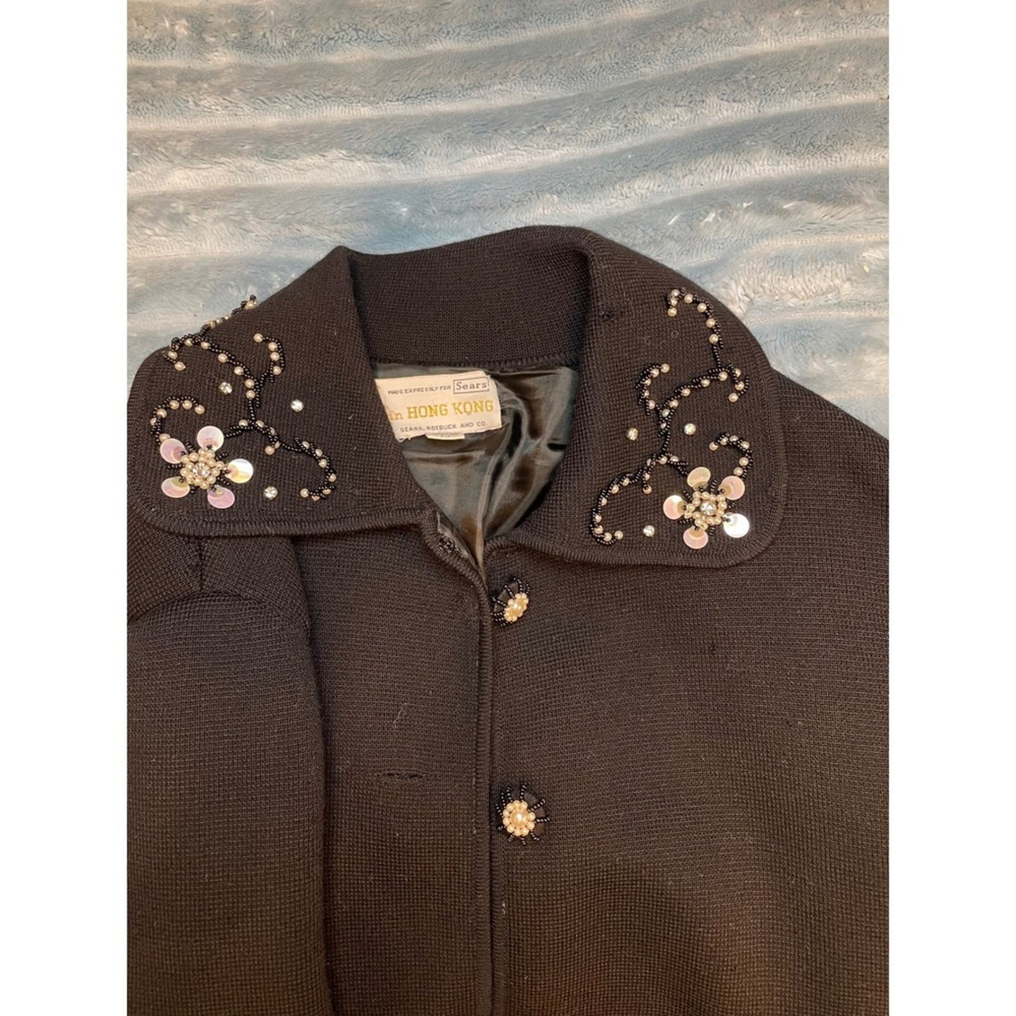 Sears Hong Kong Beaded Flower Embellished Black Wool Jacket Size Medium