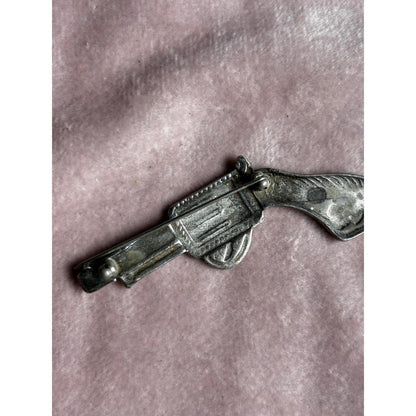 Vintage Silver-Tone Revolver Western Brooch Pin