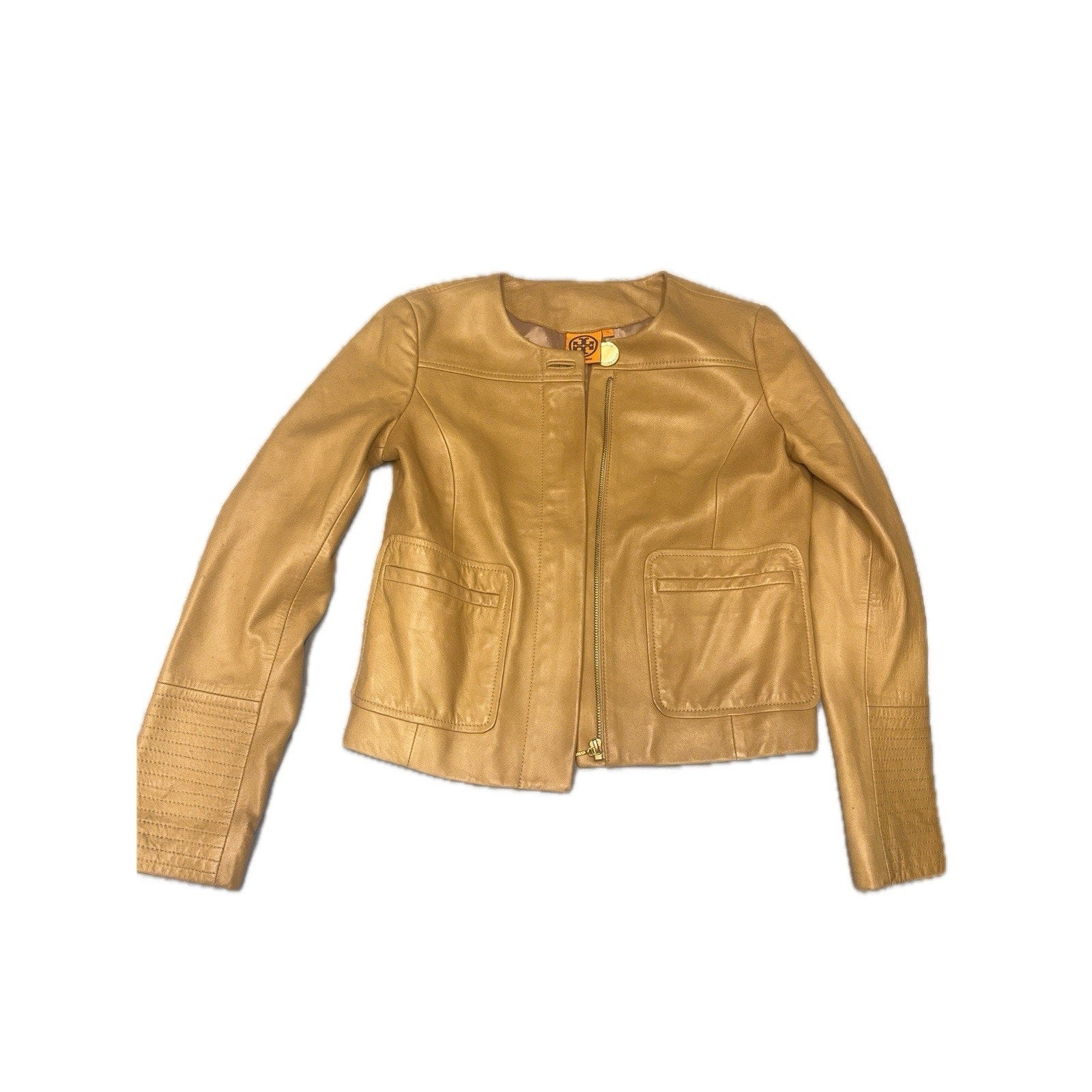 Tory Burch Camel Leather Jacket Gold Hardware Monogram Lining Women’s 2