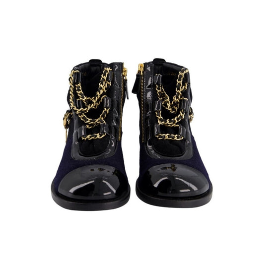 CHANEL Black Tweed Cap Toe Ankle Boots Gold Chain Made in Italy Size 38 new