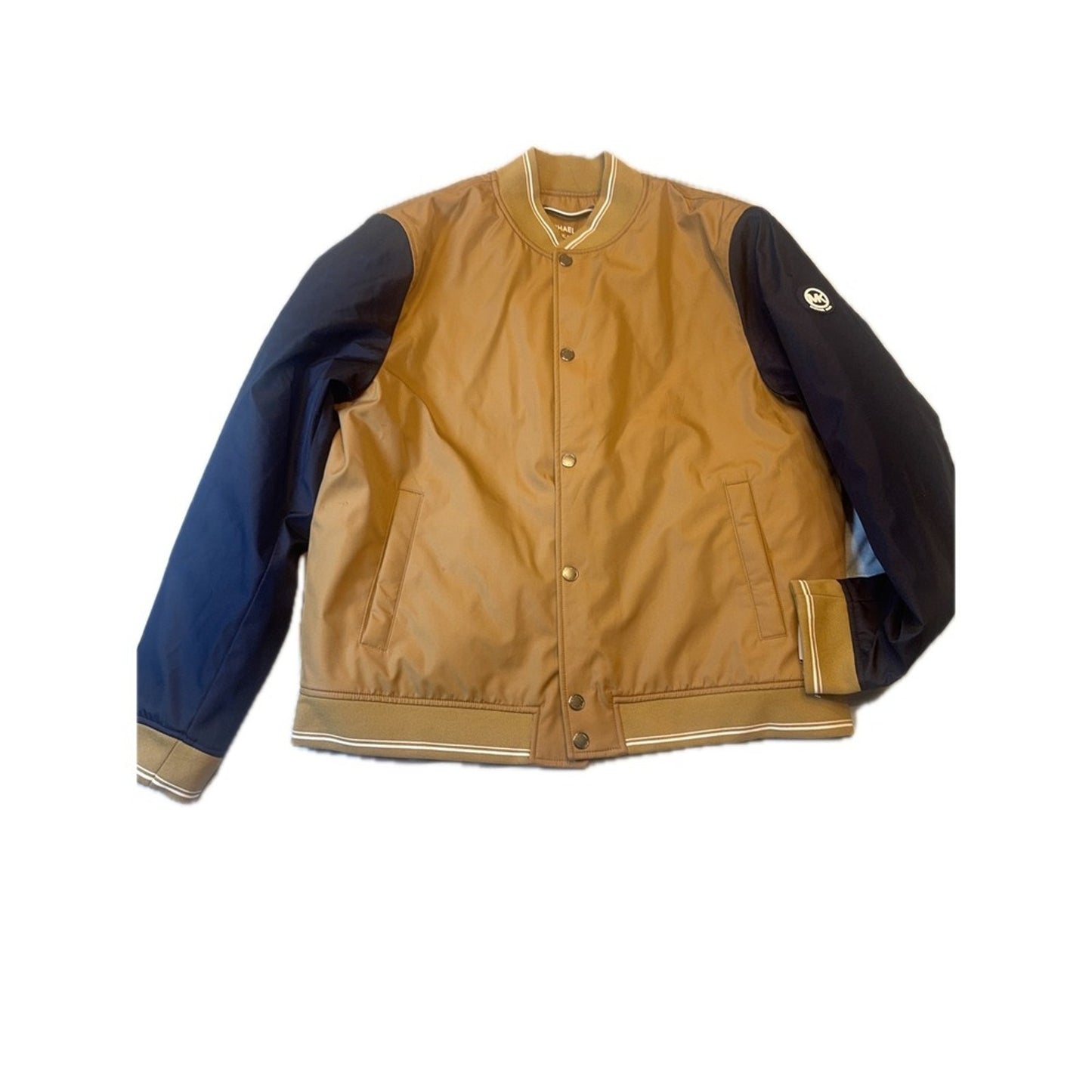 Michael Kors Varsity Jacket XL – Tan & Navy Bomber Coat NWT Logo Patch