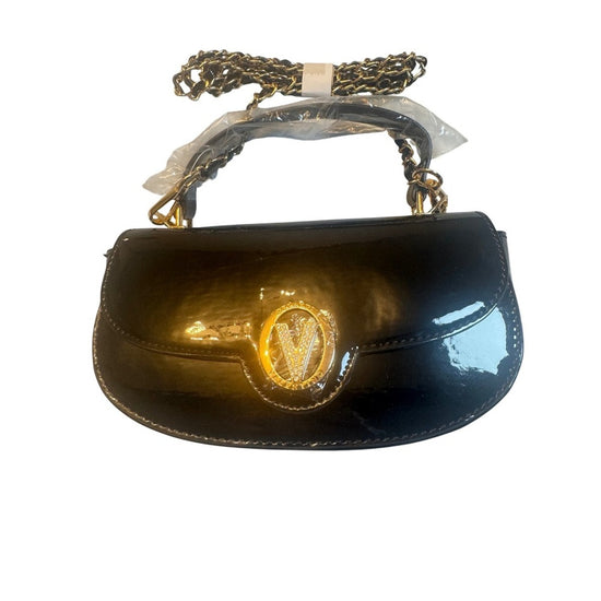 Valentino Orlandi Black Patent Leather Chain Shoulder Bag Gold Logo NWT Italy