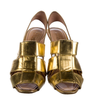 Jerome C. Rousseau Gold Metallic Leather Strappy Slingback Heels Women Size 7 37