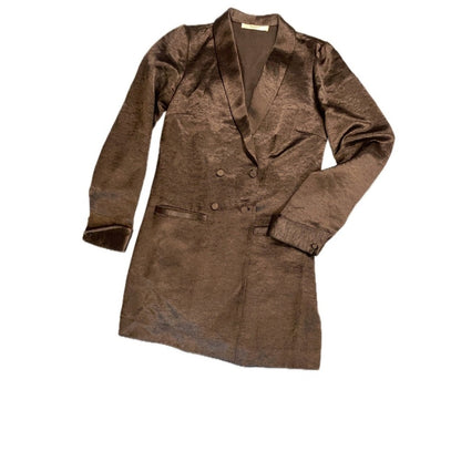 GESTUZ Metallic Double Breasted Blazer Dress Taupe Satin Shiny