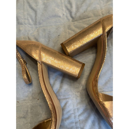 Sam Edelman Gold Metallic Ankle Strap Heels Women's Size 10.5 Block Heel Sandals