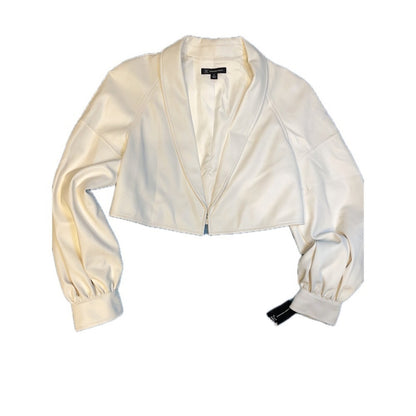 BLACK AND WHITE Washed White Cropped Faux Leather Blazer Jacket Medium