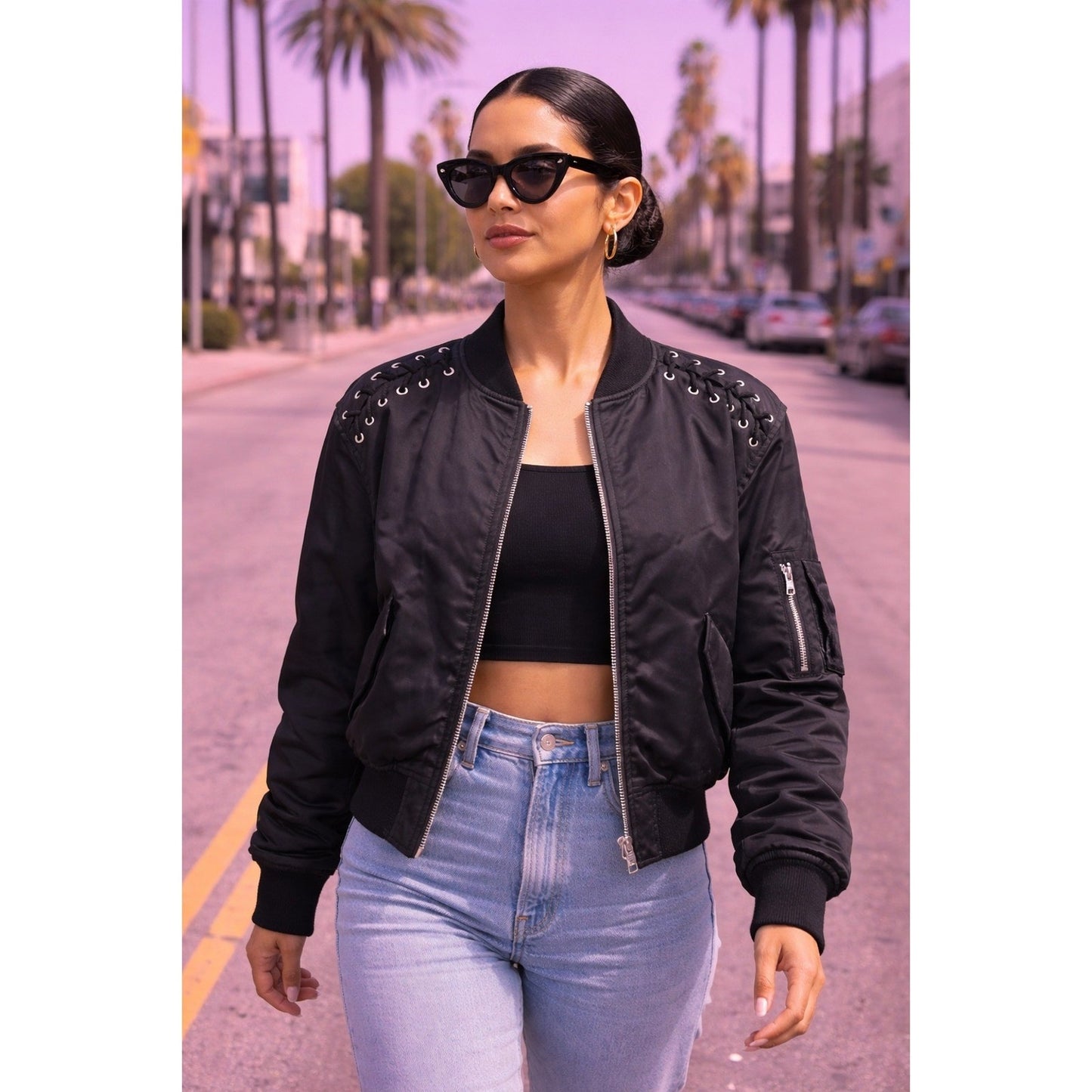 AllSaints Kensie Bomber Jacket Black Lace Up Shoulder Satin Flight Jacket XS