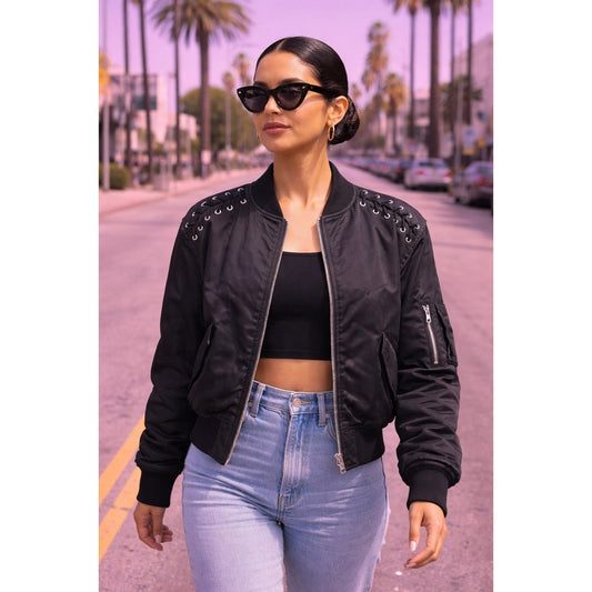 AllSaints Kensie Bomber Jacket Black Lace Up Shoulder Satin Flight Jacket XS