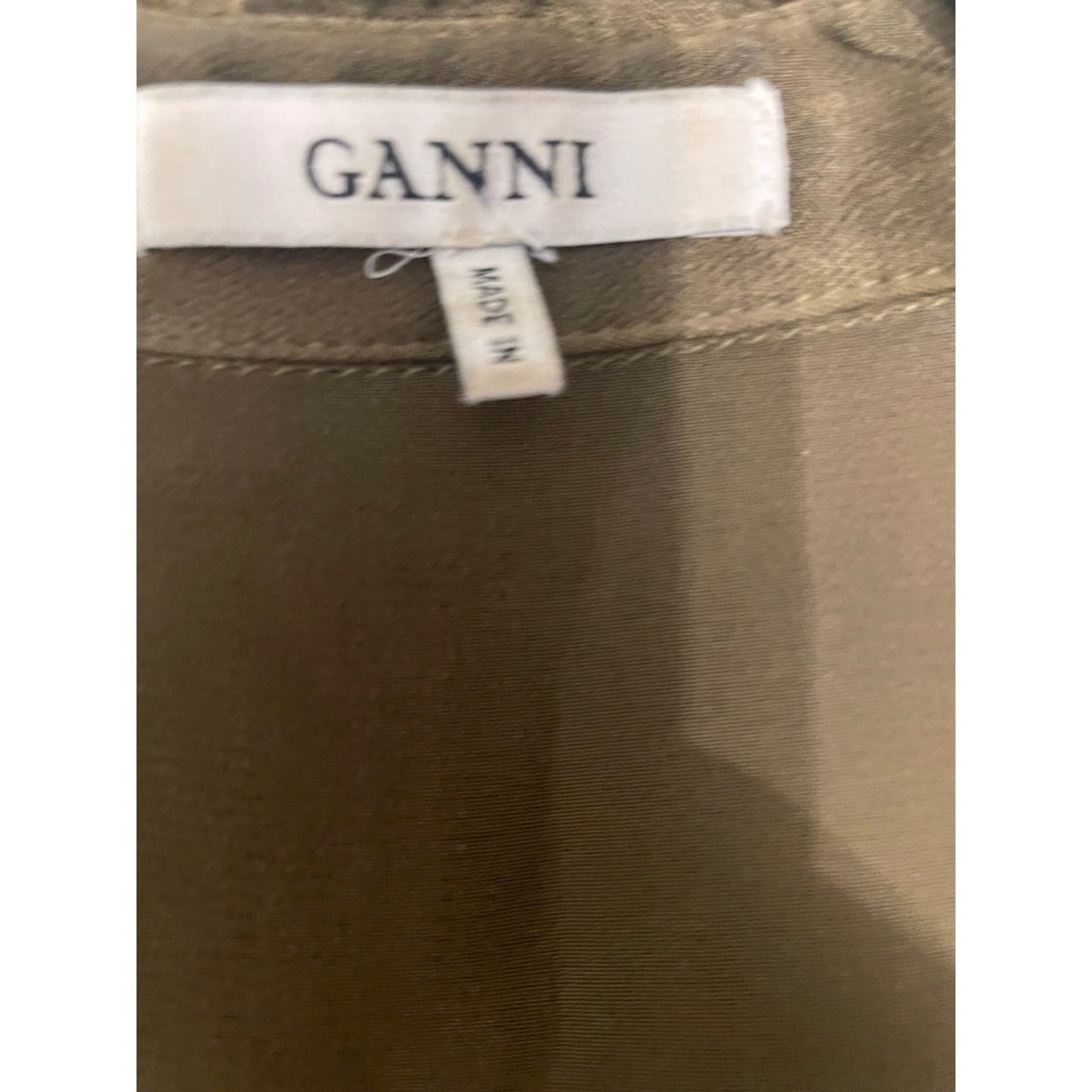 GANNI Satin Utility Shirt Olive Green Long Sleeve Button Up Pockets Size S