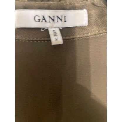 GANNI Satin Utility Shirt Olive Green Long Sleeve Button Up Pockets Size S