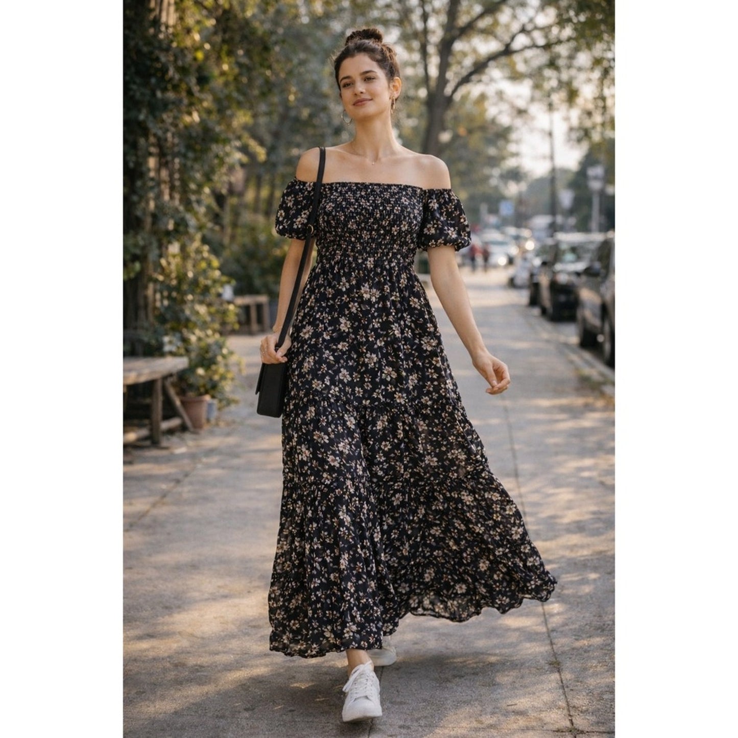 Lipsy London Floral Smocked Tiered Ruffle Maxi Dress Off Shoulder Puff Sleeve