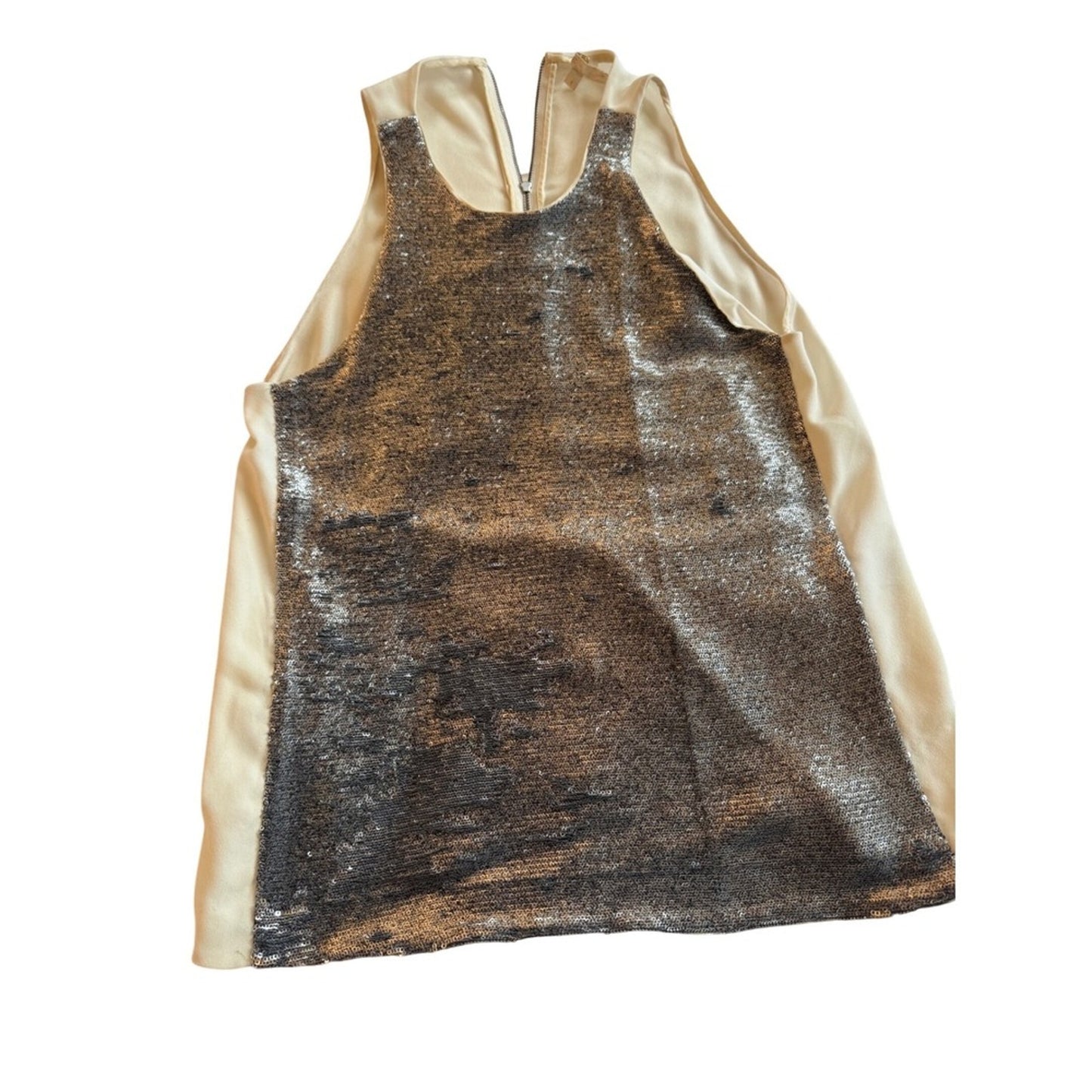 MAJE Women's Sleeveless Sequined Top Cream Silver Zipper Back Size 3 fits 8-10