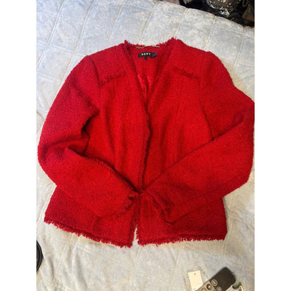 DKNY Red Bouclé Frayed Edge Jacket Women's Size 6