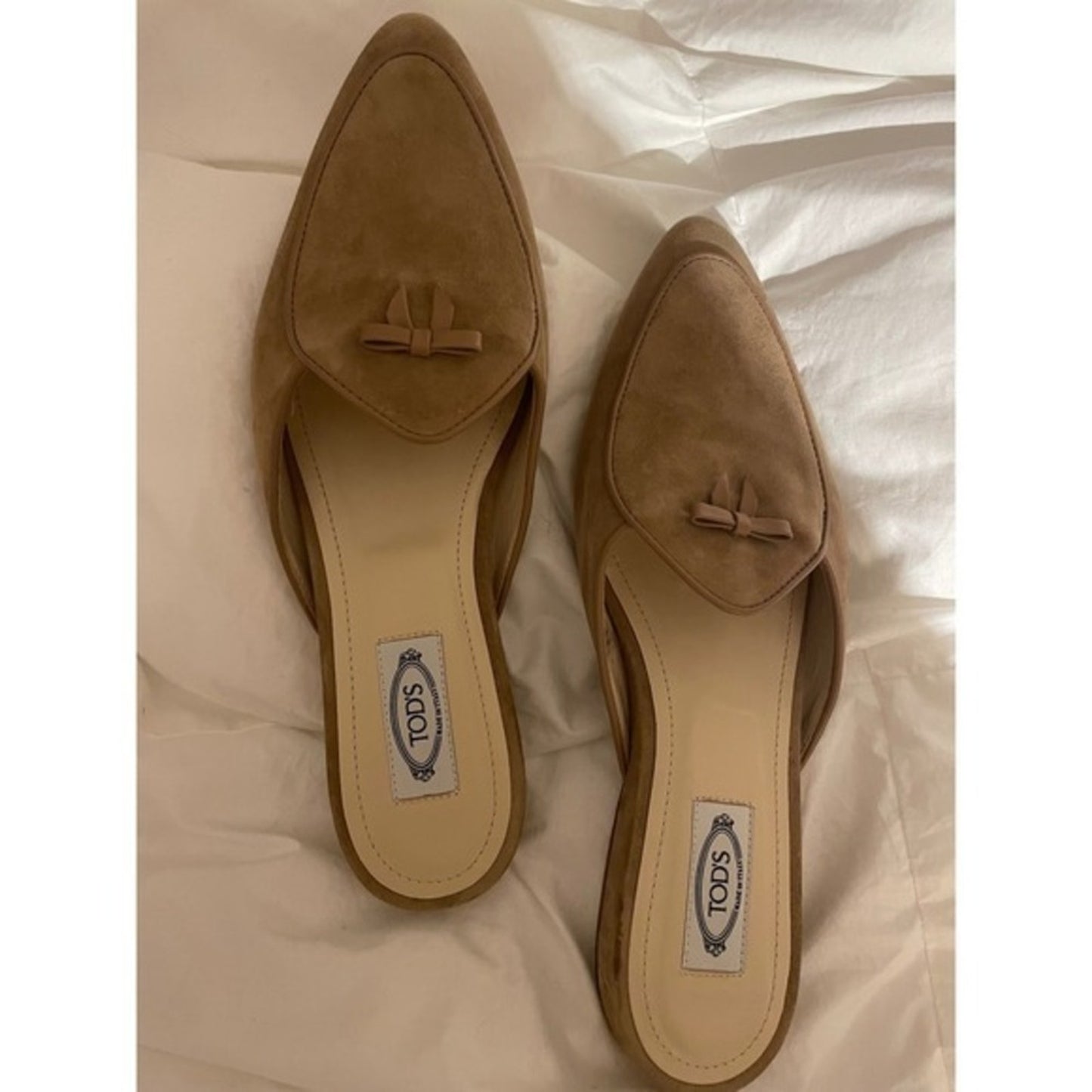 TODS Suede Mules Pointed Toe Bow Accent Tan Made in Italy Women's Size 9