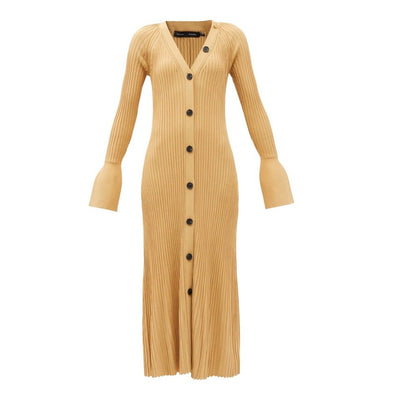 Proenza Schouler Ribbed Knit Long Sleeve Maxi Cardigan Dress Mustard Yellow S