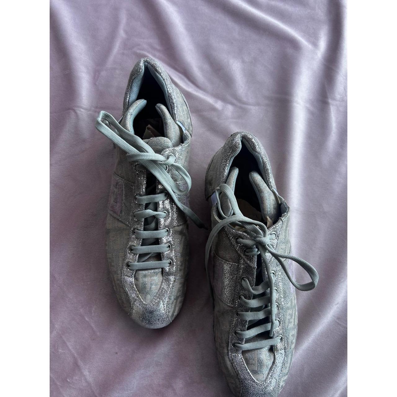 Fendi Zucca Monogram Metallic Silver Grey Low Top Sneakers  FF Logo