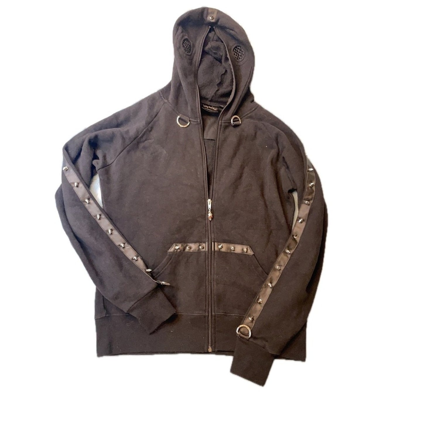 Living Dead Souls Black Zip Up Hoodie Skull Charm Studded Leather Straps