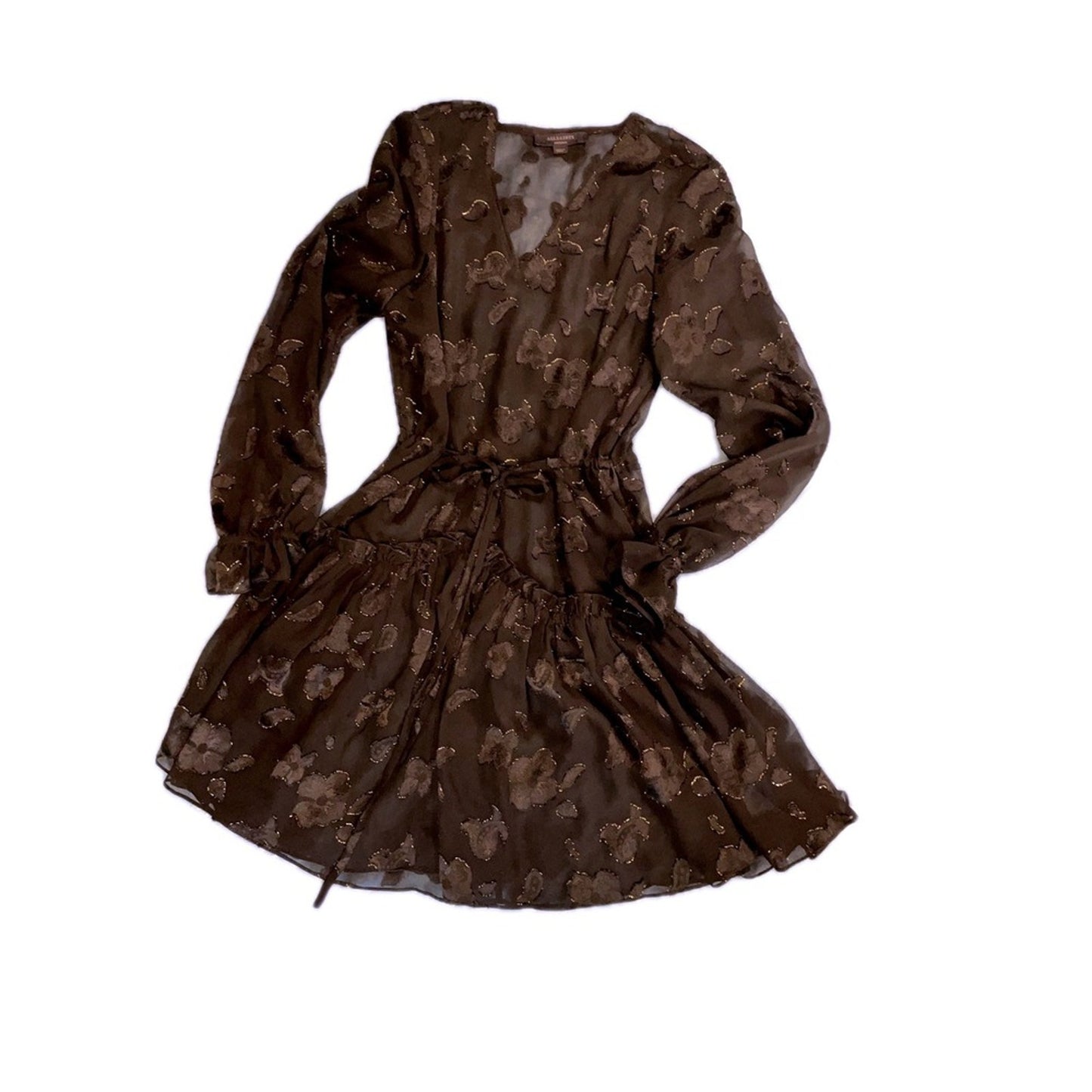 ALLSAINTS Black Floral Metallic Sheer Long Sleeve V Neck Tiered Mini Dress M