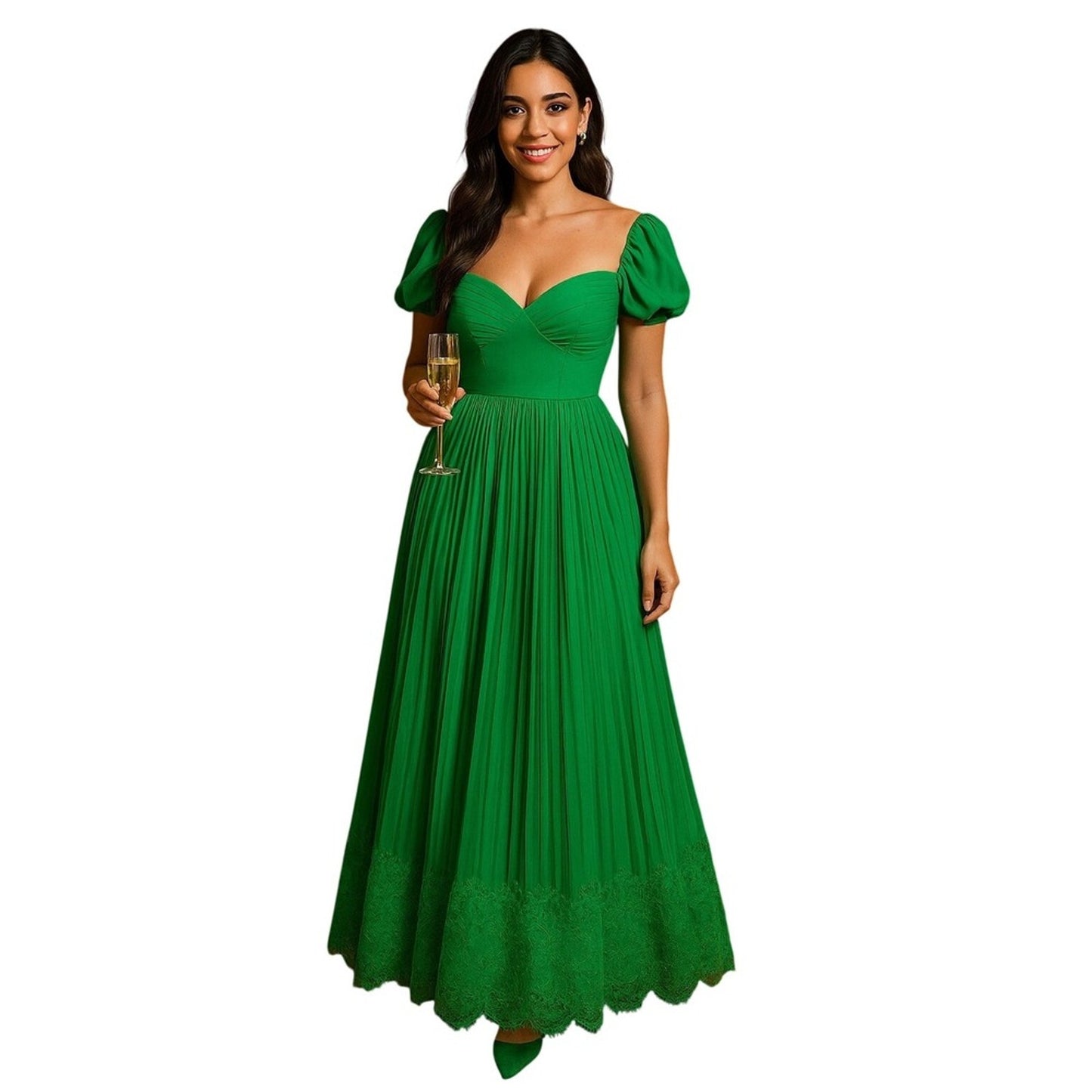 Self-Portrait Green Pleated Midi Dress | Lace Trim | Size US 4