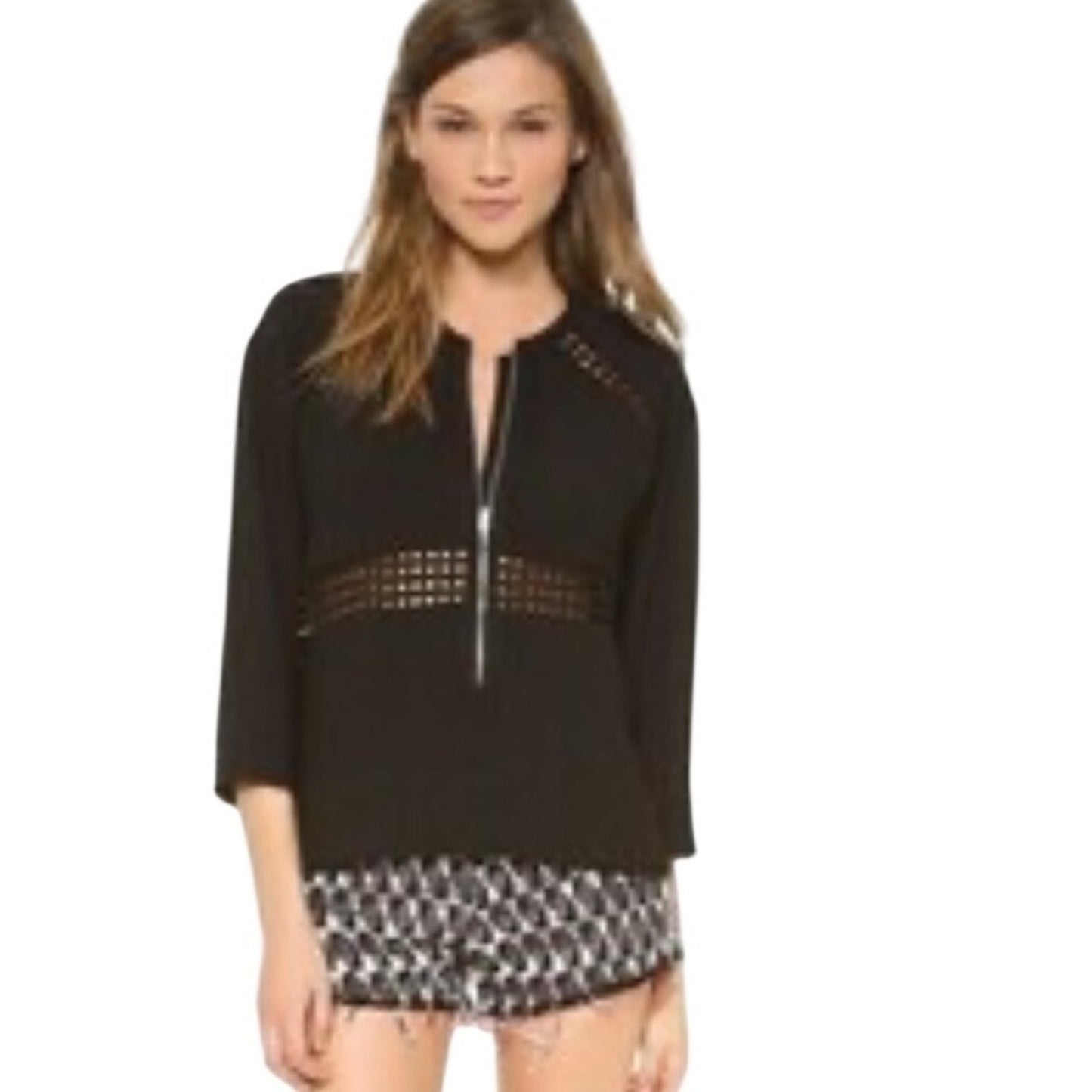IRO Bret BlackZipper Detail Textured Knit Sweater Top Size 38