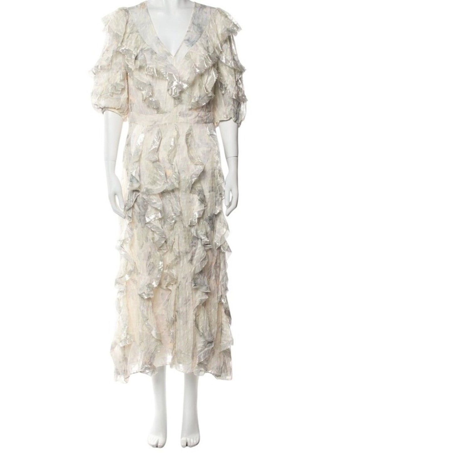 Rebecca Taylor Silk Long Dress Ruffle Tiered Floral Print Beige XL US 12
