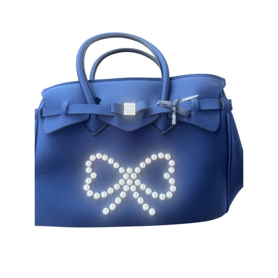 Save My Bag Navy Blue Handbag Faux Pearl Bow Embellishment Tote Bag