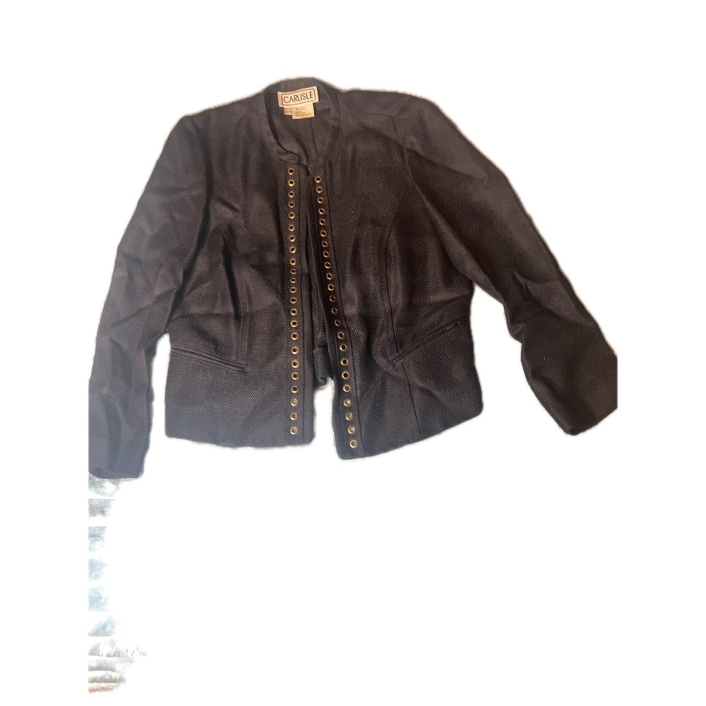 Carlisle Black Textured Grommet Open Front Blazer Jacket Womens US 12 UK 14