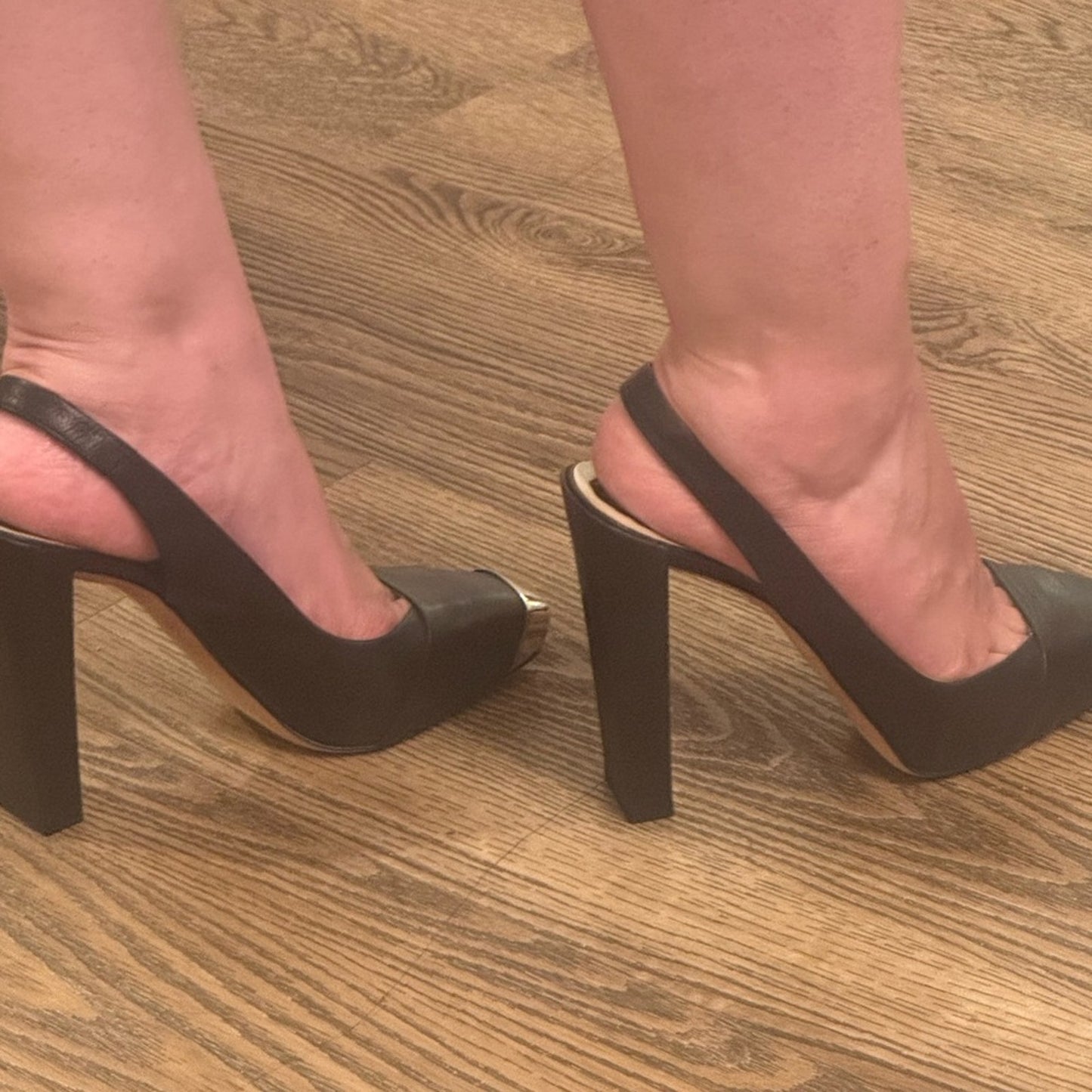 Christian Dior Slingback Heels Black Leather Silver Toe Cap Pumps Elegant S 8.5