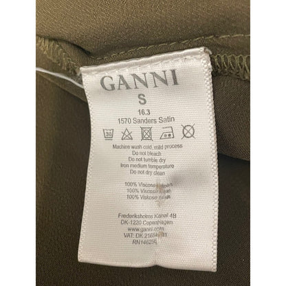 GANNI Satin Utility Shirt Olive Green Long Sleeve Button Up Pockets Size S
