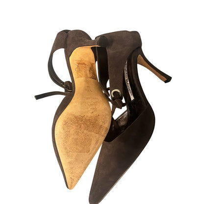 Manolo Blahnik Brown Suede Pointed Toe Lace Up Ankle Wrap Pumps Heels Size 37 EU