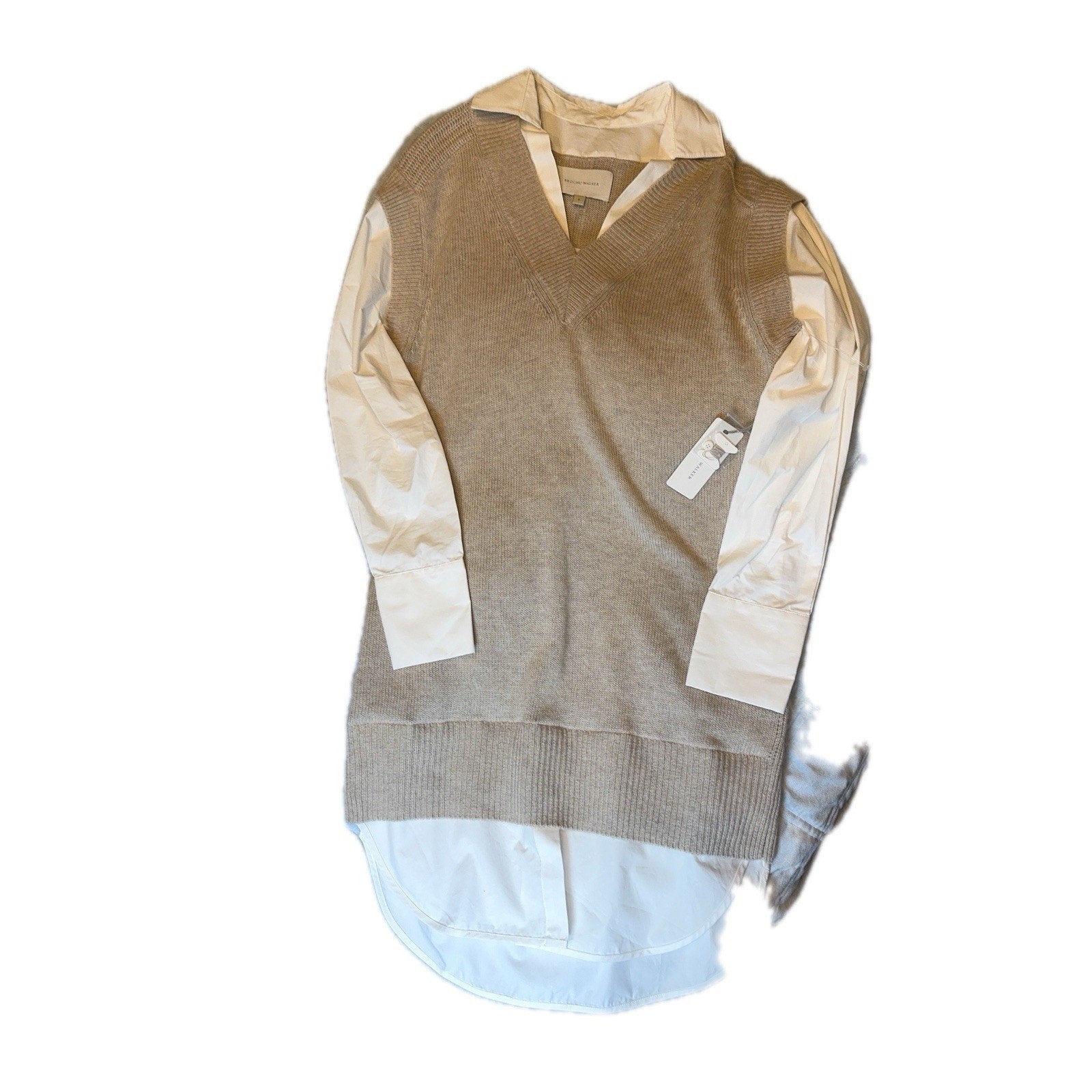 BROCHU WALKER Size M Camel White Wool Cashmere Knit Layered Pullover