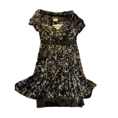 CHANEL Black & Gray Abstract Print V-Neck Cap Sleeve Belted Flare Dress size 36