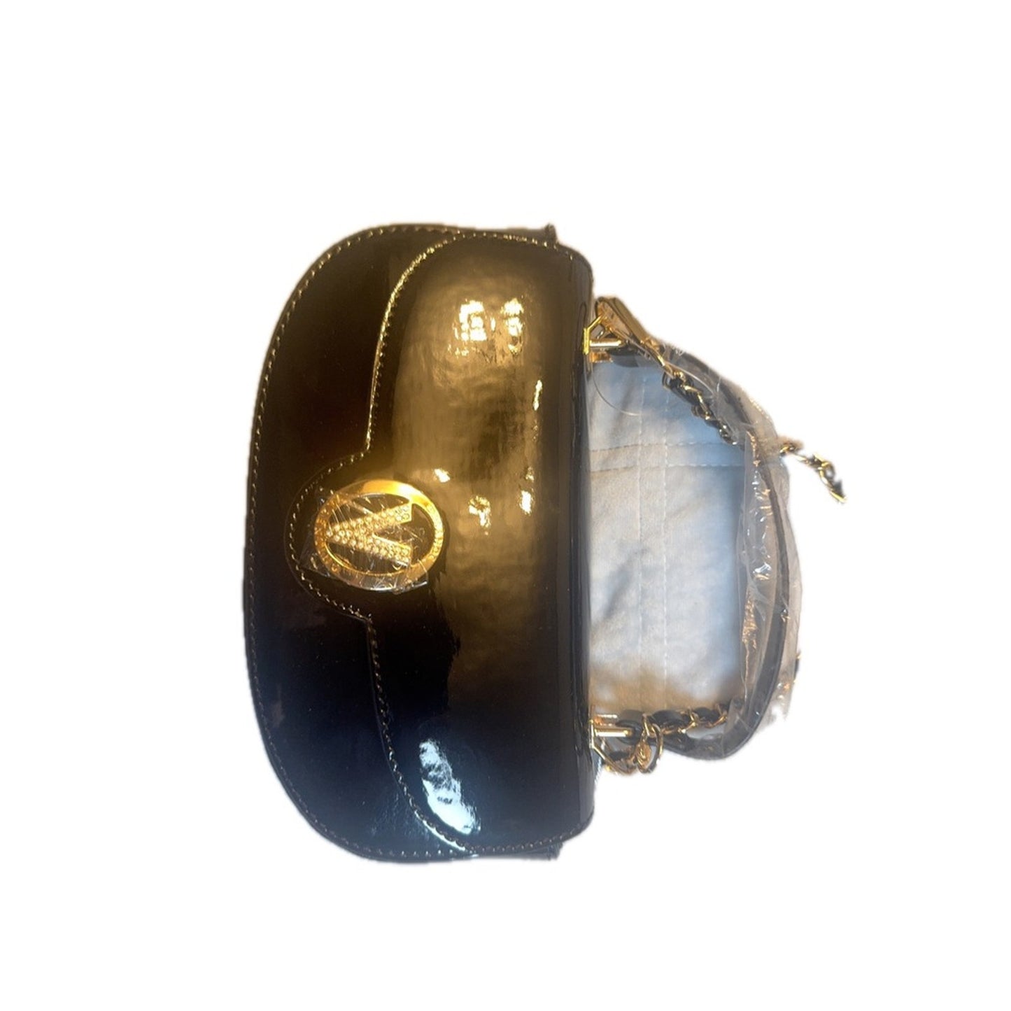 Valentino Orlandi Black Patent Leather Chain Shoulder Bag Gold Logo NWT Italy